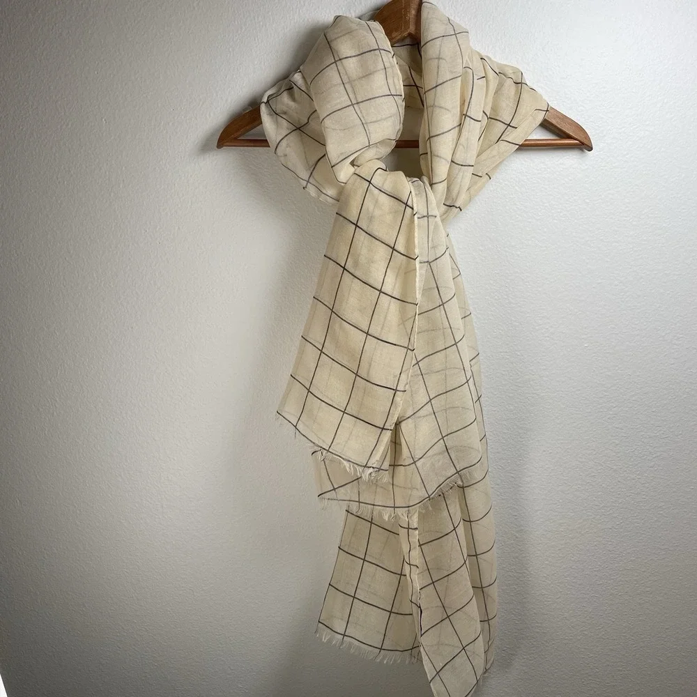 Rachel Pally Womens OS Beige Grid Scarf Minimalist Lightweight Polyester